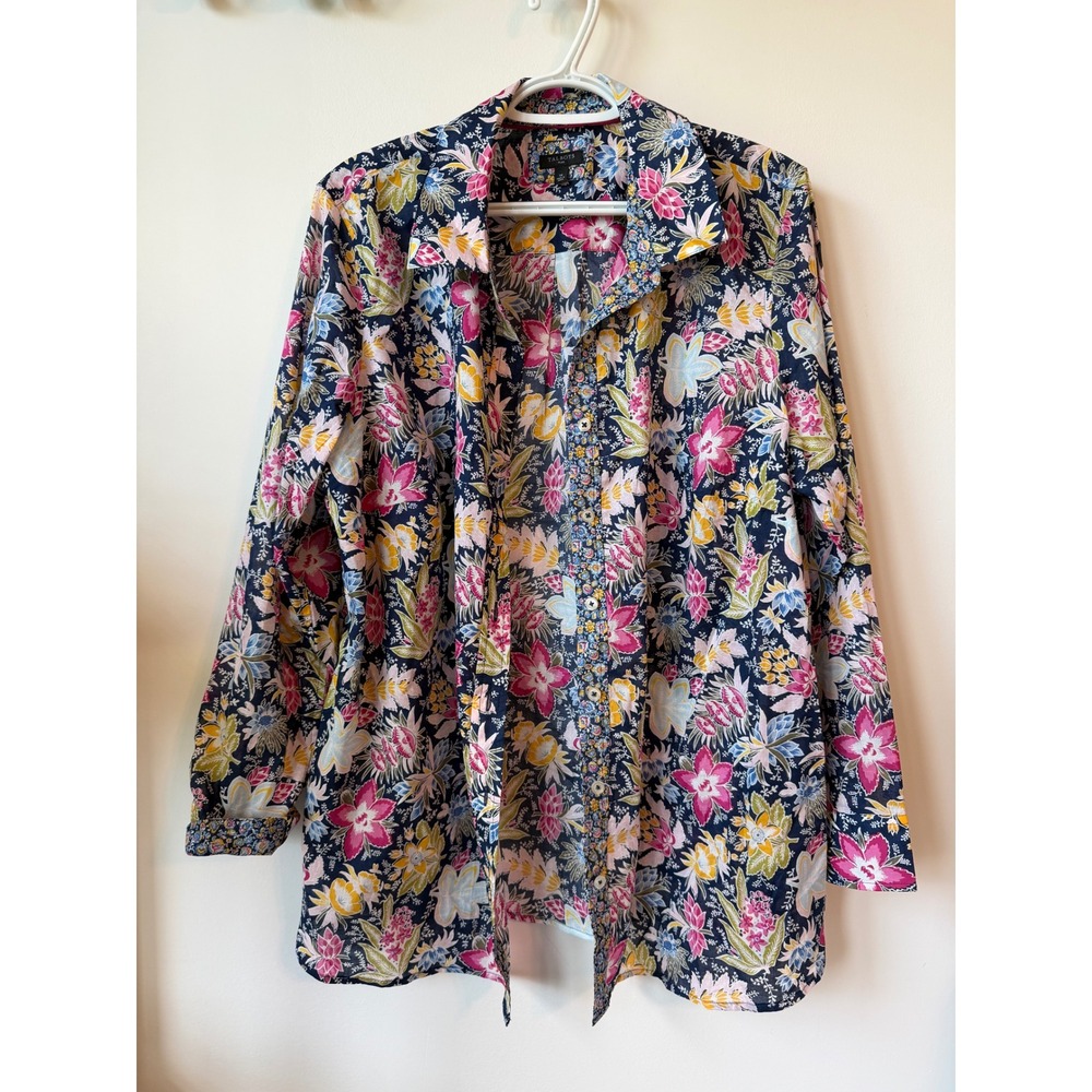 Talbots Plus Womens 1X Floral Button Front Shirt Navy Blue Pink Long Sleeve Top